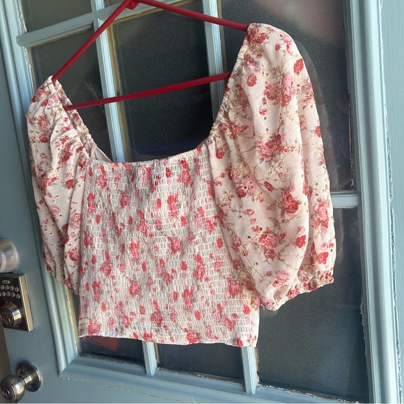 Buckle BKE Floral Front Tie Chiffon Puffy Sleeve Crop Top A. PEACH White Pink M - Picture 5 of 11
